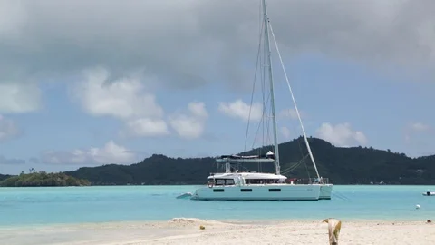 FRENCH POLYNESIA, BORA BORA-CIRCA AUGUST 2018--unidentified  boat in the para Stock Footage 95034373