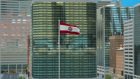 French Polynesia Flag 3D Render Animation on Pole with Modern Business Distr Stockbeeldmateriaal 332883777