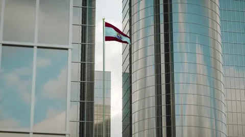 French Polynesia Flag 3D Render Animation on Pole with City Buildings Stock Footage 332886231