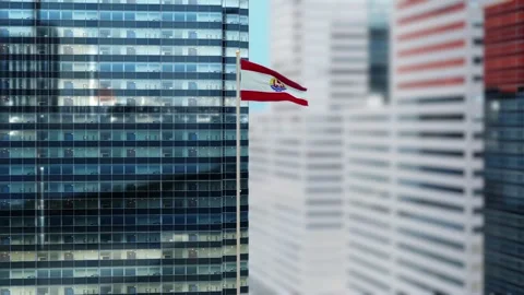 French Polynesia Flag 3D Render Animation on Pole with Modern City Buildings Stock-Footage 333061187