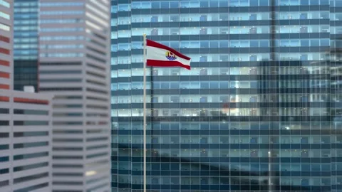 French Polynesia Flag 3D Render Animation Waving Against Glass Office Buildi Stock Footage 333077893
