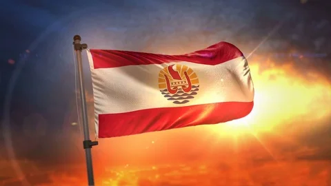 French Polynesia Flag Backlit At Beautiful Sunrise Loop Slow Motion 4K Stock Footage 76393567