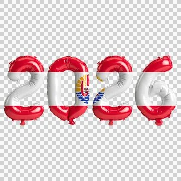 French Polynesia flag colors 2026 3d illustration, balloon numbers 3d rende.. Stock Illustration