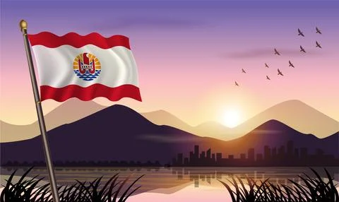 French Polynesia  flag flying against a beautiful sunrise sky Stock Illustration