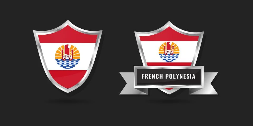 French Polynesia Flag Shield and Ribbon Badge - Realistic Metallic Tahitian.. Stock Illustration