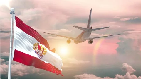 French Polynesia flag Waving Realistic With Sky Plane Takes Off At Sunrise Stock Footage 294600760
