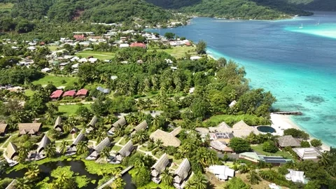 French Polynesia Island. Drone View of Traditional Villas, Beach and Village 스톡 동영상 348332188