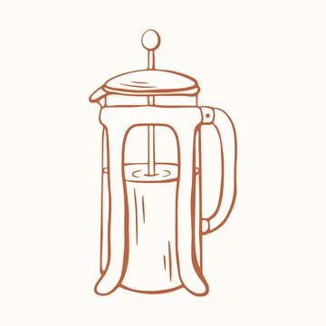 French press coffee maker with manual plunger in line art sketch style. Kitchen Illustrazione stock