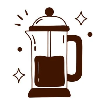 French press coffee maker with sparkle accents on white. A dark brown hand-.. Stock Illustration