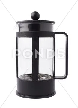 French press pot coffee maker composition isolated over the white background Stock Photos