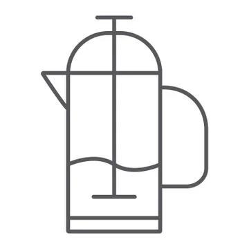 French press thin line icon, kitchen and drink, pot sign, vector graphics, a Stock Illustration