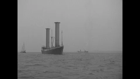 French ship with large chimney sailing in the sea Stock Footage 109514216
