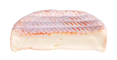 French soft cheese half, with washed orange-red rind Stock Photos