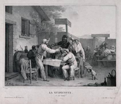 A French tavern with men at a table in the open air drinking a toast to goo.. Stock Illustration