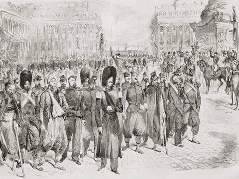 French troops at the foot of the column in Place Vendome, Paris, France on their Stock-Illustration
