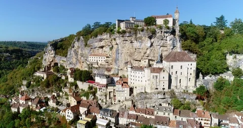French village in aerial view, Rocamadour France Stock Footage