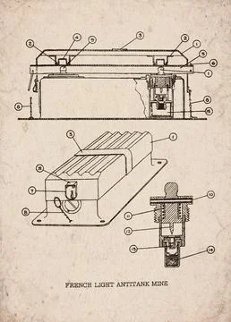 French World War II Light Antitank Mine Vintage Technical Diagram 库存插图