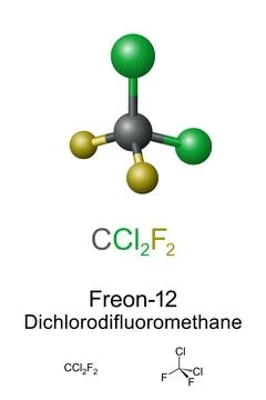 Freon-12, Dichlorodifluoromethane, molecule model and chemical formula Stock Illustration