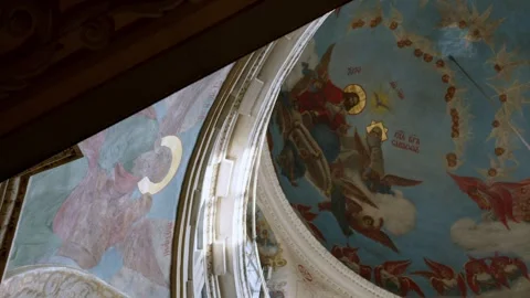 A fresco on the ceiling vault of a Russian Orthodox church. Biblical subject on Stock Footage 253774106