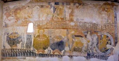 Fresco romnico del muro sur, Ermita de San Miguel, siglo VII, construida dura Stock Photos