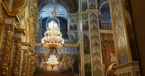 Frescoes and iconostasis - The Views Inside The Great Church of The Assumption Stock Footage 52813875