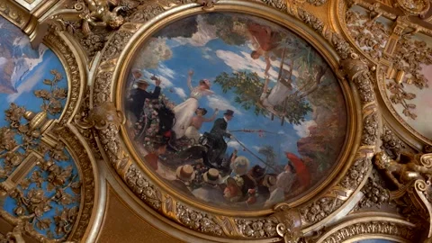 Frescoes on ceiling of ancient restaurant in center of Paris. Stock Footage 298518063