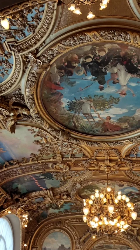 Frescoes on ceiling. Ancient restaurant in center of Paris. Vertical video Stock Footage 307094877