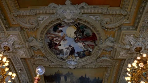 Frescoes on ceiling of old restaurant in the center of Paris. Video 4K Stock Footage 297753131