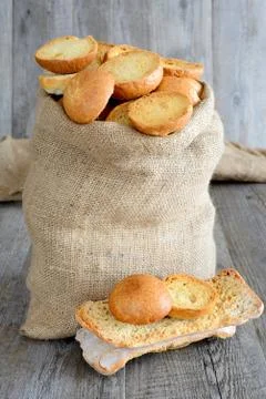 Freselle of bread in sack Stock-Fotos