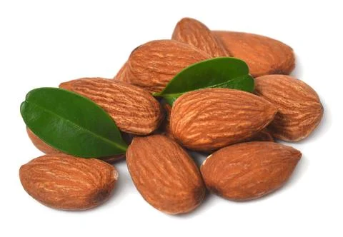 Fresh almonds with leaf isolated on white background Stock Photos