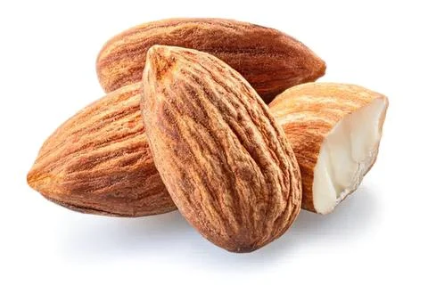Fresh almonds with shells on white background Stock Photos