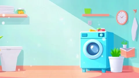 Fresh and Clean Laundry: A Bright Blue Cartoon Washroom Scene Stock Footage 307978855