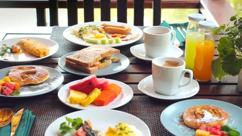 Fresh and colorful breakfast spread on table Stock-Footage 258205133