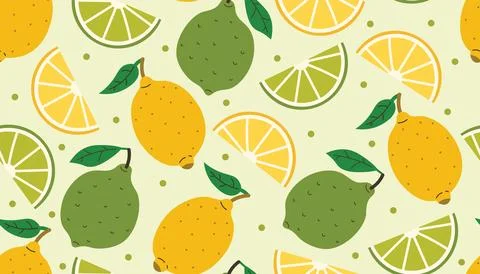 Fresh and colorful seamless pattern with whole lemons and limes, slices, gree Stock Illustration