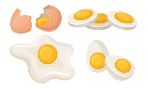 Fresh and Cooked Eggs Set, Broken Egg with Cracked Shell Vector Illustration Stock Illustration