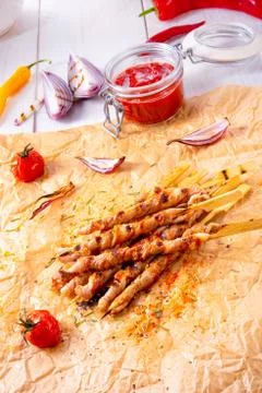 Fresh and crispy rustic pork belly grill sticks Stock Photos
