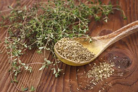 Fresh and dried thyme. Stock Photos