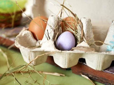 Fresh and Easter painted chicken and quail eggs Stock Photos