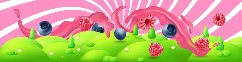 Fresh and juicy raspberry vector illustration on a green meadow background... Stock Illustration