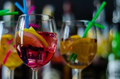 Fresh and refreshing cocktails based on gin, a distinctive herbal flavor Stock Photos