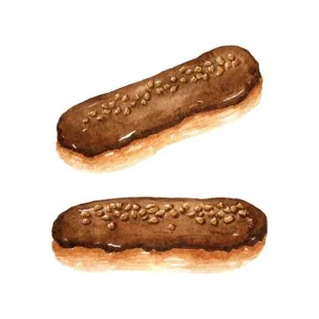 Fresh appetizing eclairs with chocolate icing and nuts Ilustração Stock