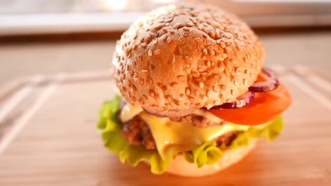 Fresh appetizing hamburger with a salad and tomato Stock Footage 74168629