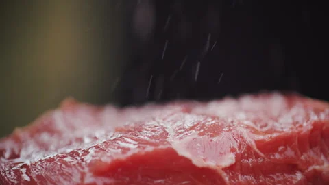 Fresh appetizing raw piece of meat being salted before cooking on the grill Stock Footage 246506604
