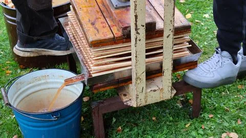 Fresh apple juice pressing process at autumn harvest event Stock Photos
