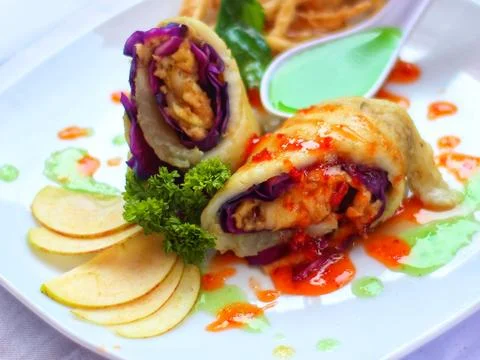 Fresh Apple Spring Roll and Apple salad Sauces Stock Photos