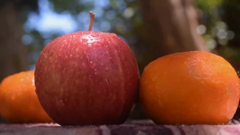 Fresh apples and oranges being sprayed with water. Video stock 335046358