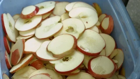 Fresh apples in dried fruit production line. Stock Footage 83668397