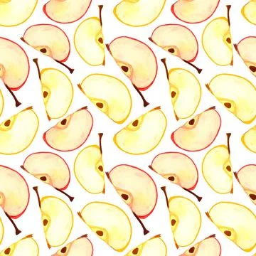 Fresh apples pattern. Sliced cut quarters apple watercolor seamless pattern. Stock Illustration