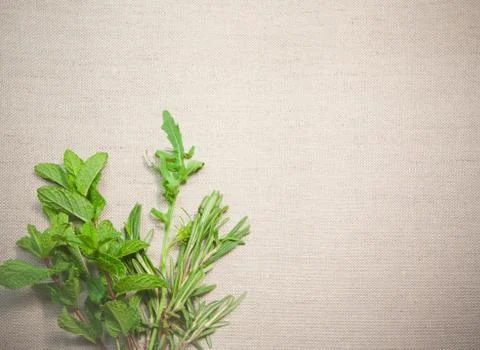 Fresh aromatic herbs on old linen background Stock Photos