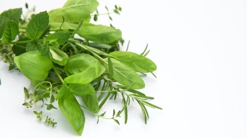 Fresh aromatic herbs rotating on white background Stock Footage 340265881